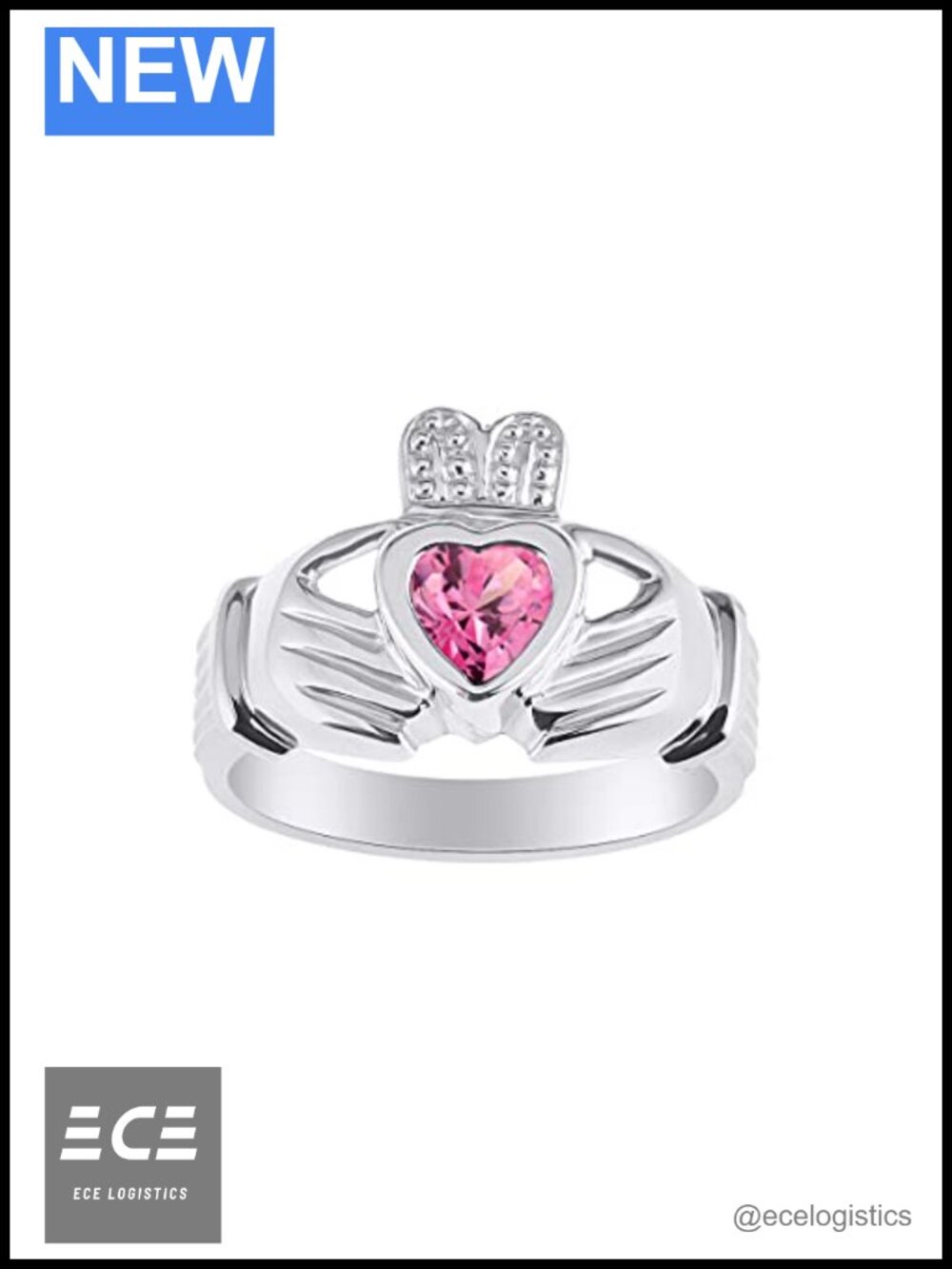 Sterling Silver Claddagh Ring Heart Gem Irish Wedding Band Size 8